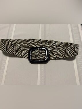 Textured Woven Belt with Black Buckle - Cream & Black